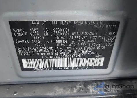 2013 Subaru Outback 2.5I Premium z USA, uszkodzony, nr VIN 4S4BRCGC4D3281879